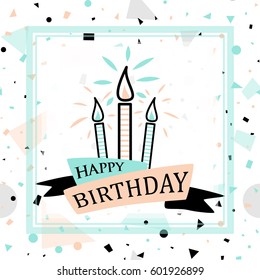 Vector illustration of Birthday greeting card with lettering text sign, candle, ribbon on fun geometric hipster background in memphis style