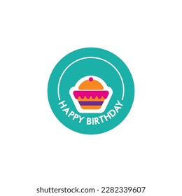 Vector illustration of birthday greeting template with cake in circle frame isolated on white background