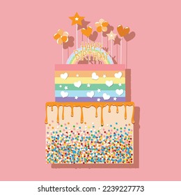 Vector illustration of birthday layer cake on soft pink background for Happy Birthday concept