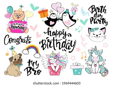 Vector illustration with birthday lettering and funny animals on a white background isolated. Cartoon unicorn, pug dog, spitz, cat and penguins