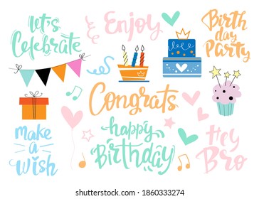 Vector illustration with birthday lettering on a white background isolated