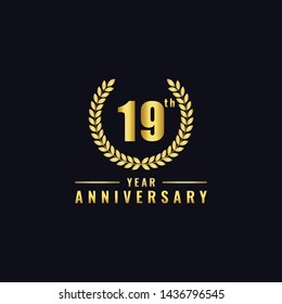 Vector illustration of a birthday logo number 19 with gold color, can be used as a logo for birthdays, leaflets and corporate birthday brochures. - Vector