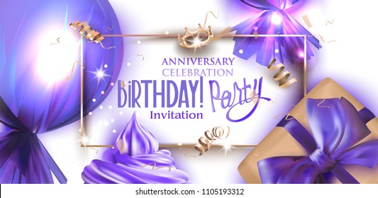 Vector illustration. Birthday party banner with holiday deco objects. Gold and purple