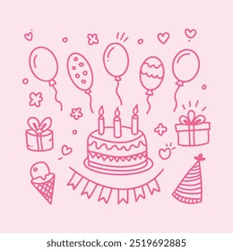 Ilustración vectorial de una fiesta de cumpleaños con pastel, globos, regalos, helado y sombrero de fiesta en un estilo de arte de línea rosa minimalista. Ideal para invitaciones, tarjetas de felicitación y decoraciones festivas.