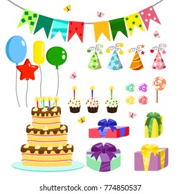 Vector illustration birthday party colorful accessories and decoration, sweet treats, cakes, balloons, candies, gifts in flat cartoon style.