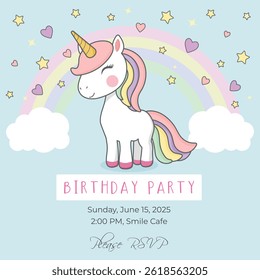 Vector illustration of a birthday party invitation featuring a cute unicorn standing on clouds with a pastel rainbow, stars, and hearts. Perfect for children's events and celebration themes.
