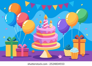 Vector illustration of birthday scene with cake, balloons, gifts, and cupcakes in bright colors. Perfect for birthday parties, celebrations, and invitations.