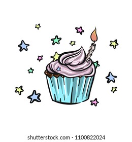 Vector illustration of the birthday sweet cupcake with candle and stars.