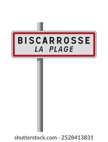 Ilustración vectorial de la señal de entrada a la ciudad de Biscarrosse La Plage (Francia) en un poste metálico