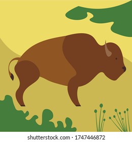 Vector Illustration Of A Bison. The Brown Beast. Animal Illustration With Background. A Wild Animal In Its Natural Habitat.