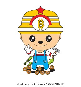 vector illustration of bitcoin cartoon mining coins and the winning finger is shown with a funny and smiling facial expression