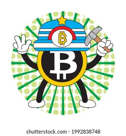 vector illustration of bitcoin cartoon mining coins and the winning finger is shown with a funny and smiling facial expression

