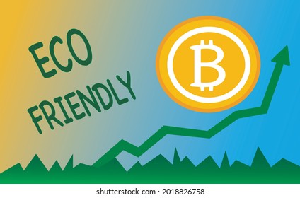 Vector illustration of bitcoin coin with text ECO FRIENDLY on blue sky background, sun green grass. Value rise up, pump of btc. Cryptocurrency mining become ecological without harm to the environment