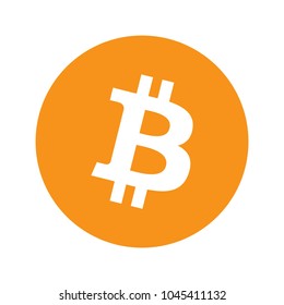 Vector illustration Bitcoin crypto currency blockchain flat logo isolated on white background. Block chain bitcoin sticker for web or print. Bitcoin logo.