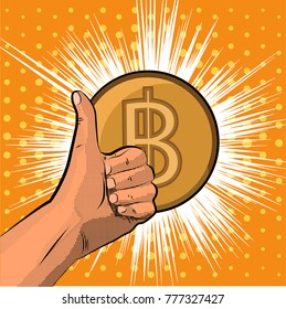 Vector illustration bitcoin and crypto currency concept - hand thumbs up. Pop art style