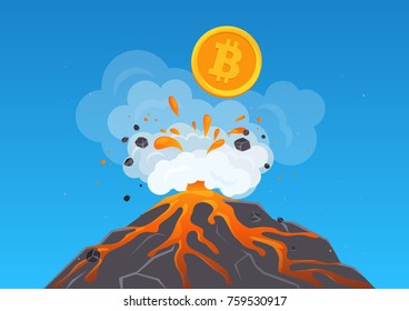 Vector illustration of bitcoin cryptocurrency convulsing out of volcano with lava. Bitcoun growing fast.