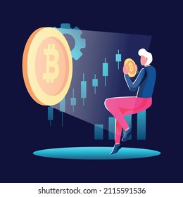 Vector illustration bitcoin cryptocurrency divine light man holding bitcoin, solana background.