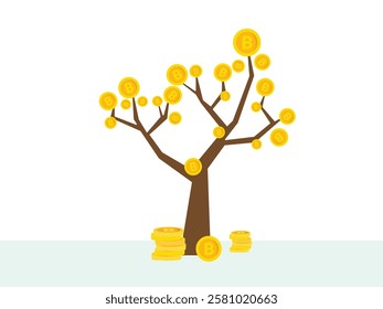 Vector illustration of bitcoin cryptocurrency growing on the money tree.