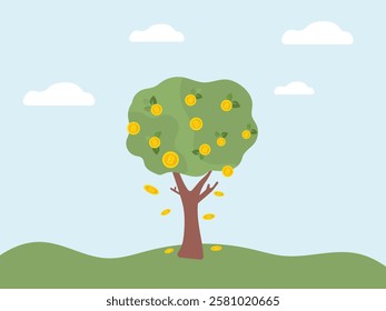 Vector illustration of bitcoin cryptocurrency growing on the money tree.