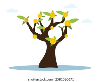 Vector illustration of bitcoin cryptocurrency growing on the money tree.