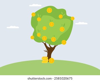 Vector illustration of bitcoin cryptocurrency growing on the money tree.