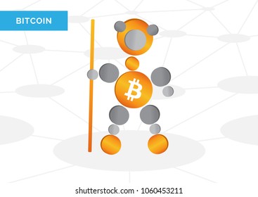 Vector illustration of bitcoin cryptocurrency hero character on the white background with gray blockchain scheme