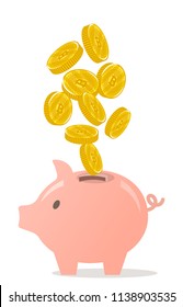 Vector illustration, bitcoin cryptocurrency on the white background with a piggy bank.