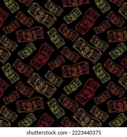 Vector illustration of Bitcoin currency. Random pattern of banknotes coins in yellow and orange colors on black background 