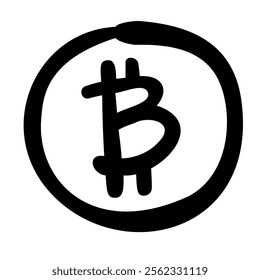 Vector illustration of Bitcoin currency symbol in doodle style. Economy, financial element.