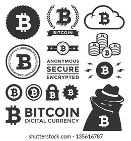 Vector illustration of bitcoin design elements, badges, labels, and icons. Includes a shading criminal to represent the anonymous, black market aspect of the currency. Eps10.