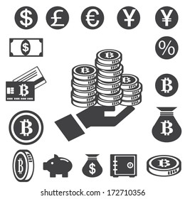 Vector illustration of bitcoin design elements, badges, labels, and icons.