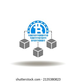 Vector illustration of bitcoin with digital transformation and flowchart. Icon of blockchain web network technology. Symbol of hash rate bitcoin mining.