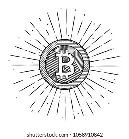 Vector illustration with  bitcoin and divergent rays. Used for poster, banner, web, t-shirt print, bag print, badges, flyer, logo design and more. 