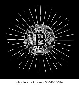 Vector illustration with  bitcoin and divergent rays. Used for poster, banner, web, t-shirt print, bag print, badges, flyer, logo design and more. 