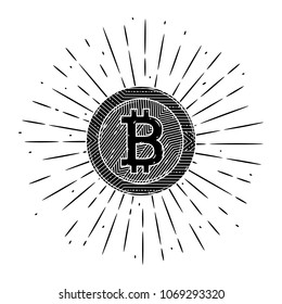 Vector illustration with  bitcoin and divergent rays. Used for poster, banner, web, t-shirt print, bag print, badges, flyer, logo design and more. 