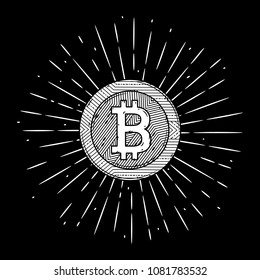 Vector illustration with  bitcoin and divergent rays. Used for poster, banner, web, t-shirt print, bag print, badges, flyer, logo design and more. 