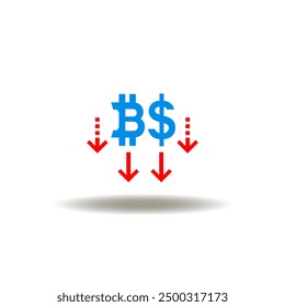 Ilustración vectorial de bitcoin y dólar con flechas caídas. Icono de recesión inflacionaria.