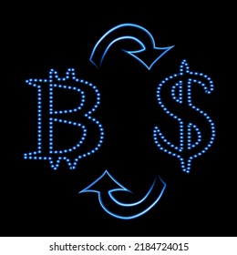Vektorgrafik von Bitcoin- und Dollarsymbolen mit Pfeilen.