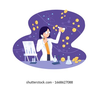 Vector illustration Bitcoin experiment and analysis concept. Young female scientists analyzes and collects data about bitcoin currency. Vector illustration in a flat style