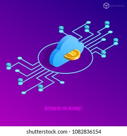 Vector illustration of bitcoin extraction, e-business bitcoin cloud online network, online business