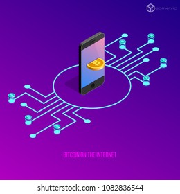 Vector illustration of bitcoin extraction, bitcoin in isometric telephone coins online business