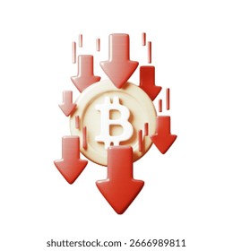 Ilustración vectorial de un ícono de caída de bitcoin con flechas rojas y textura de semitono. Símbolo de la crisis de las criptomonedas, la caída del mercado y las pérdidas financieras. Aislado sobre fondo blanco.