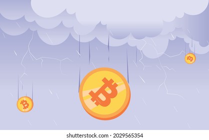 Vector illustration, bitcoin falling from the sky. bitcoin collapse. Bitcoin logo,bitcoin crypto currency falling down. 