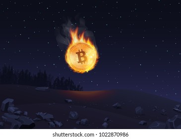 Vector illustration of bitcoin in fire falling to the ground at night.