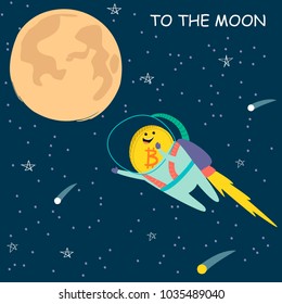 Vector illustration of bitcoin flying to the moon in cartoon style