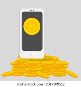 Vector illustration of a bitcoin gold coin in a mobile phone, payment in btc cryptocurrency