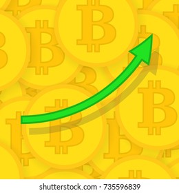 Vector illustration with bitcoin with green arrow, flat design 