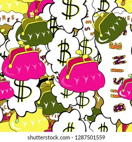 Vector illustration. Bitcoin growth concept. Bitcoin revenue illustration. On magenta, yellow and white colored background. Seamless business pattern.