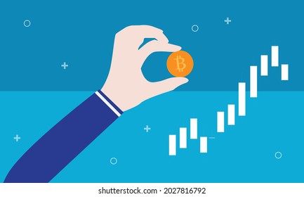 vector illustration of bitcoin in hand. bitcoin crypto currency. monitor bitcoin price movements.