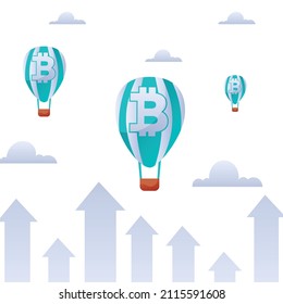 Vector illustration bitcoin hot air balloon cryptocurrency market stonk background.